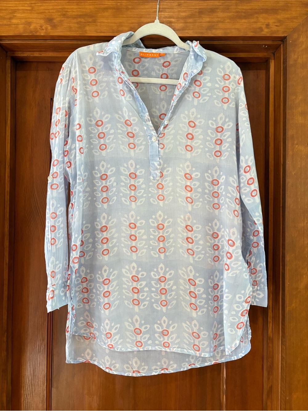Oliphant blue ombré sheer button up blouse coral detail sz M